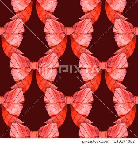 Hand drawn watercolor seamless pattern of elegant red bows. This festive holiday design features repeating rows of large, vibrant crimson ribbons with delicate translucent washes and detailed linework Hand drawn watercolor seamless pattern of elegant red bows. This festive holiday design features repeating rows of large, vibrant crimson ribbons with delicate translucent washes and detailed linework 139174098