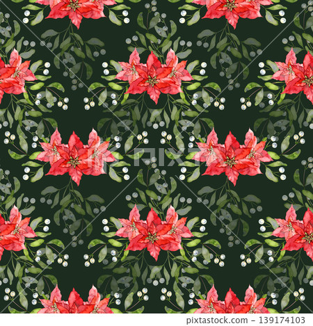 Hand drawn watercolor seamless pattern of festive holiday bouquets. This elegant red poinsettias Christmas stars nestled among delicate mistletoe branches with white berries. Christmas gift wrap Hand drawn watercolor seamless pattern of festive holiday bouquets. This elegant red poinsettias Christmas stars nestled among delicate mistletoe branches with white berries. Christmas gift wrap 139174103
