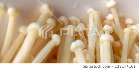 A group of Enoki mushrooms (Flammulina velutipes), also known as golden needle mushrooms. A group of Enoki mushrooms (Flammulina velutipes), also known as golden needle mushrooms. 139174161