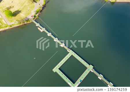 Lake Yogo, Kawanami Pier (aerial photography by drone) Lake Yogo, Kawanami Pier (aerial photography by drone) 139174259