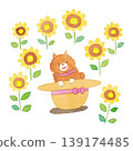 An illustration of a puppy in a straw hat with sunflowers. 139174485