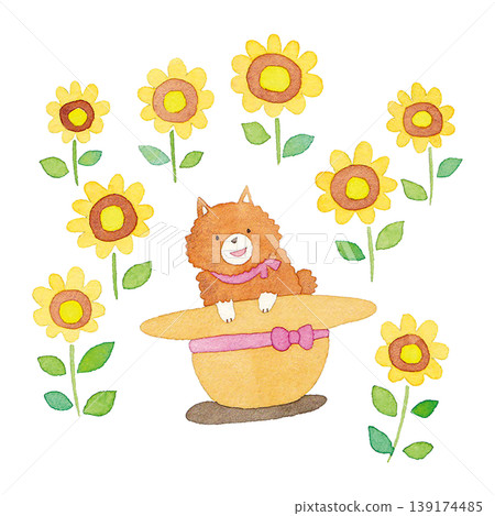 An illustration of a puppy in a straw hat with sunflowers. 139174485