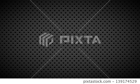 Black abstract technology background with seamless circle perforated pattern, carbon speaker grill texture a for design concepts, wallpapers, presentations, web and prints. Vector illustration. 139174529
