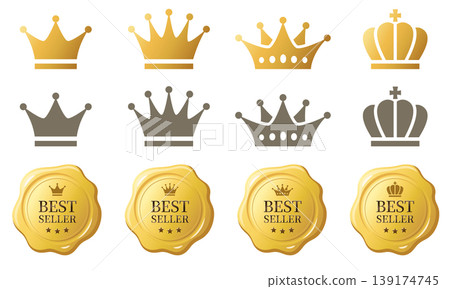 Crown icon and best-selling badge (wax seal style) set - high-quality design materials Crown icon and best-selling badge (wax seal style) set - high-quality design materials 139174745