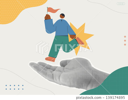 Trendy Halftone Collage of a character walking on a supporting hand holding a flag with a star burst, symbolizing business growth and support, ideal for startup and leadership content. Trendy Halftone Collage of a character walking on a supporting hand holding a flag with a star burst, symbolizing business growth and support, ideal for startup and leadership content. 139174895