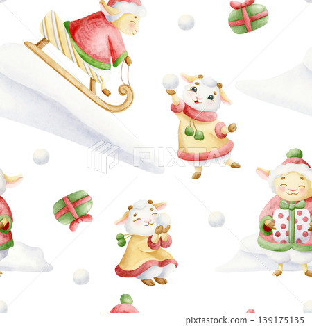Cartoon animal family playing winter games seamless pattern. Watercolor sheep and goats characters sledding down on snow slide and making snowballs repeat background for Christmas and New Year designs Cartoon animal family playing winter games seamless pattern. Watercolor sheep and goats characters sledding down on snow slide and making snowballs repeat background for Christmas and New Year designs 139175135