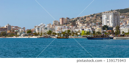View of Saranda promenade and city, Albania View of Saranda promenade and city, Albania 139175943