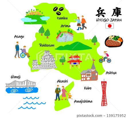 Hyogo/Kobe Travel: Hand-drawn flat illustrations of tourist spots and visitors 139175952