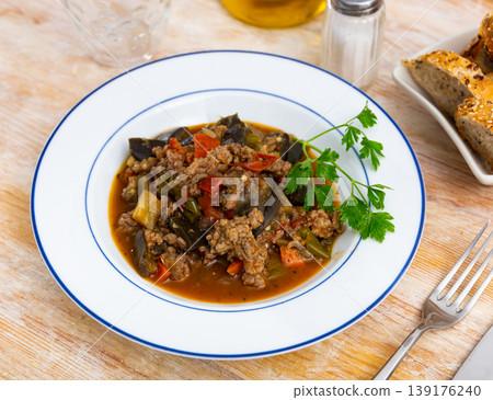 Delicious vegetable stew with minced meat, served for dinner Delicious vegetable stew with minced meat, served for dinner 139176240