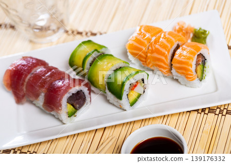 Uramaki set consisting of rolls with salmon, tuna and avocado Uramaki set consisting of rolls with salmon, tuna and avocado 139176332