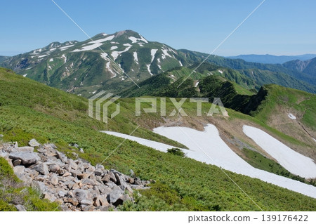 初夏的白山：雪原上殘留著皚皚白雪，山脊上綠意盎然，構成了一幅壯麗的山景。 139176422