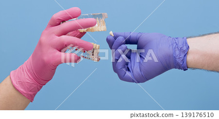 Oral surgery and dental implant concept. Hand in medical glove inserting a tooth into a clear anatomical jaw model on blue background. 139176510