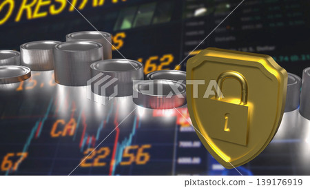 Secure Financial Protection Concept with Lock and Coins 3d render. 139176919