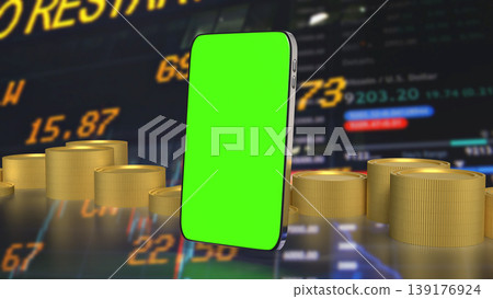 Mobile Trading and Investment Concept with Smartphone Green Screen and Financial Market Background 3d render. Mobile Trading and Investment Concept with Smartphone Green Screen and Financial Market Background 3d render. 139176924