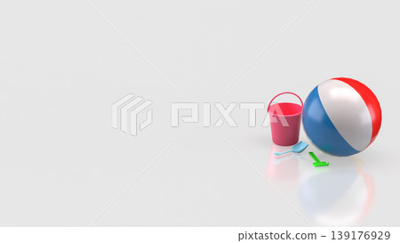 Minimal Summer Beach Toys Concept with Ball Bucket and Sand Tools 3d render. Minimal Summer Beach Toys Concept with Ball Bucket and Sand Tools 3d render. 139176929