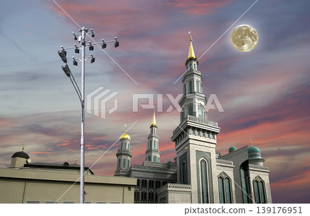 Moscow Cathedral Mosque, with the super moon, Russia -- the main mosque in Moscow, new landmark Moscow Cathedral Mosque, with the super moon, Russia -- the main mosque in Moscow, new landmark 139176951