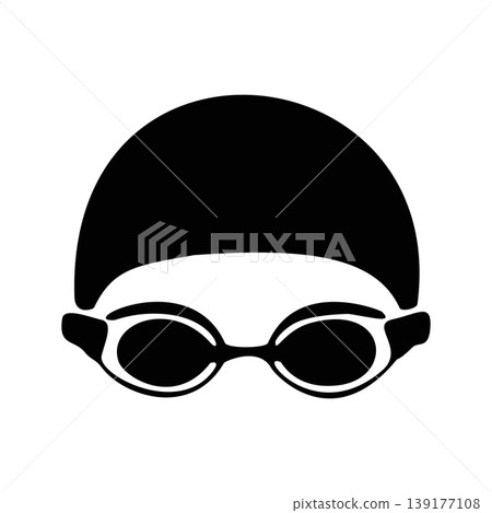 Stylized Black Silhouette Icon of Swimming Goggles and Cap for Aquatic Sport Stylized Black Silhouette Icon of Swimming Goggles and Cap for Aquatic Sport 139177108