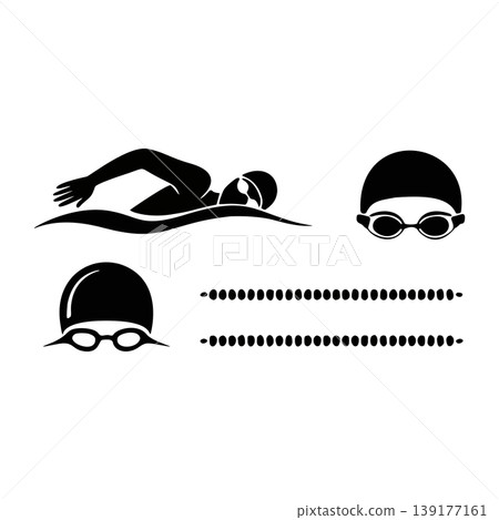 Black Silhouette Graphic Representation of a Swimmer in Action Wearing Cap and Goggles Black Silhouette Graphic Representation of a Swimmer in Action Wearing Cap and Goggles 139177161