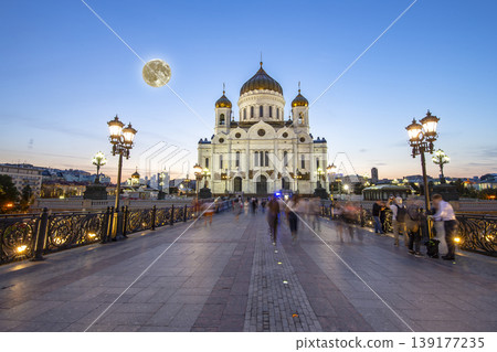 Night view of the Christ the Savior Cathedral with the super moon, Moscow, Russia 139177235