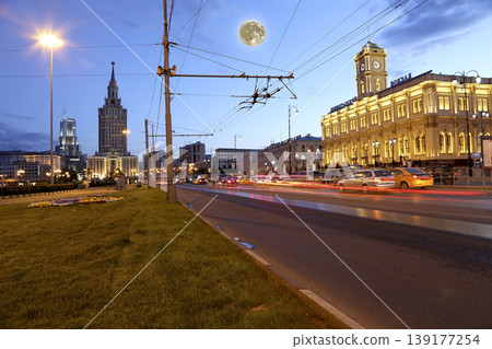 Komsomolskaya Square (night), with the super moon. Moscow, Russia-- Three Station Square thanks to three railway station situated there: Leningradsky, Yaroslavsky and Kazansky (written in Russian) Komsomolskaya Square (night), with the super moon. Moscow, Russia-- Three Station Square thanks to three railway station situated there: Leningradsky, Yaroslavsky and Kazansky (written in Russian) 139177254