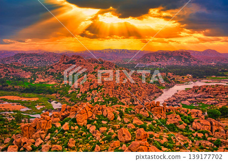 Beautiful evening view of Hampi ruins from Matanga Hill Beautiful evening view of Hampi ruins from Matanga Hill 139177702
