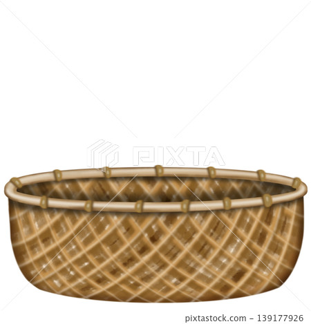 Hand drawn wicker basket collection illustration featuring various woven containers with handles ,ribbon and fabric covers for storage, picnic, and invitation,card decor use 139177926