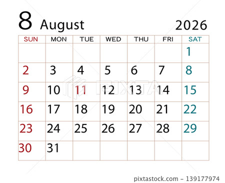 2026 年曆 - 八月 (2) 2026 年曆 - 八月 (2) 139177974