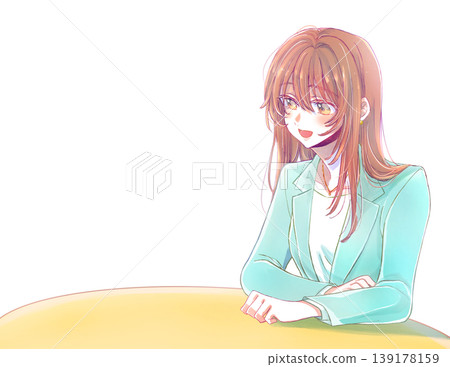 A woman in a suit, smiling, speaks at a desk. A woman in a suit, smiling, speaks at a desk. 139178159
