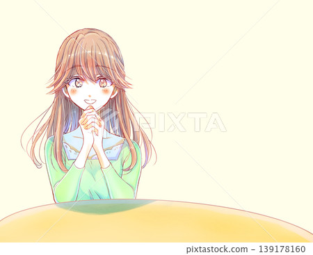 一位面容溫柔的女子，雙手交握，坐在辦公桌前。 139178160