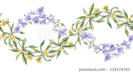 A seamless border of multicolored, delicate spring flowers in a wave shape. Watercolor illustration for designing cards, textiles, weddings, nature websites, and eco-themed designs. 139178393