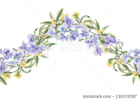A seamless border of yellow and blue spring forest flowers in a wave shape. Watercolor illustration for design for cards, textiles, weddings, nature websites, and eco-themed designs. A seamless border of yellow and blue spring forest flowers in a wave shape. Watercolor illustration for design for cards, textiles, weddings, nature websites, and eco-themed designs. 139178397