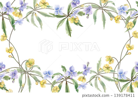 A rectangular frame of yellow and blue spring forest flowers. Watercolor illustration for design for cards, textiles, weddings, nature websites, and eco-themed designs. 139178411