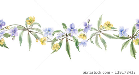 A seamless border of delicate stems of yellow and blue forest flowers and leaves. Watercolor illustration for designing greeting cards, textiles, weddings, nature websites, and eco-themed designs. A seamless border of delicate stems of yellow and blue forest flowers and leaves. Watercolor illustration for designing greeting cards, textiles, weddings, nature websites, and eco-themed designs. 139178432