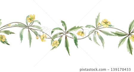 A seamless border of delicate stems of yellow forest flowers and leaves. Watercolor illustration for designing greeting cards, textiles, weddings, nature websites, and eco-themed designs. A seamless border of delicate stems of yellow forest flowers and leaves. Watercolor illustration for designing greeting cards, textiles, weddings, nature websites, and eco-themed designs. 139178433