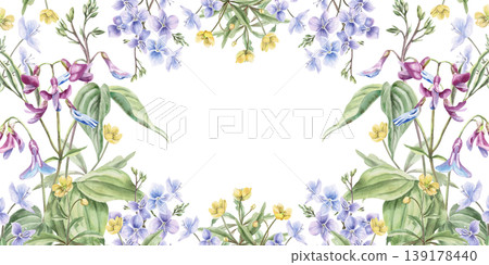 A rectangular frame of various spring forest flowers and leaves. This hand-drawn watercolor illustration is perfect for greeting cards, textiles, weddings, nature websites, and eco-themed designs. 139178440