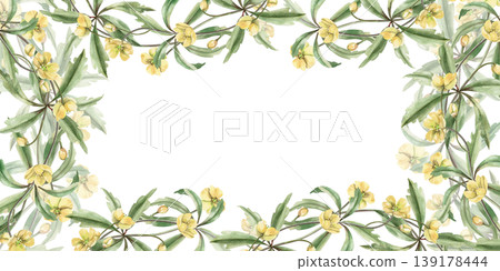 A rectangular frame of delicate yellow spring flowers. This hand-drawn watercolor illustration is perfect for greeting cards, textiles, weddings, nature websites, and eco-themed designs. A rectangular frame of delicate yellow spring flowers. This hand-drawn watercolor illustration is perfect for greeting cards, textiles, weddings, nature websites, and eco-themed designs. 139178444