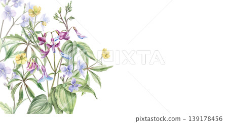 A rectangular frame of spring flowers in yellow and violet-blue. Watercolor illustration for design for cards, textiles, weddings, nature websites, and eco-themed designs. A rectangular frame of spring flowers in yellow and violet-blue. Watercolor illustration for design for cards, textiles, weddings, nature websites, and eco-themed designs. 139178456