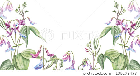 A rectangular frame of delicate spring flowers in violet and blue with leaves. Watercolor illustration for designing greeting cards, textiles, weddings, nature websites, and eco-themed designs. A rectangular frame of delicate spring flowers in violet and blue with leaves. Watercolor illustration for designing greeting cards, textiles, weddings, nature websites, and eco-themed designs. 139178458