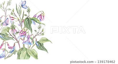 A rectangular corner frame of delicate violet-blue forest flowers and leaves. This hand-drawn watercolor illustration is perfect for cards, textiles, weddings, nature websites, and eco-themed designs. A rectangular corner frame of delicate violet-blue forest flowers and leaves. This hand-drawn watercolor illustration is perfect for cards, textiles, weddings, nature websites, and eco-themed designs. 139178462