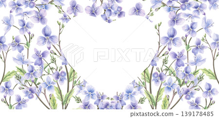 A rectangular heart-shaped frame of blue forest flowers. This hand-drawn watercolor illustration is perfect for cards, textiles, weddings, nature websites, and eco-themed designs. A rectangular heart-shaped frame of blue forest flowers. This hand-drawn watercolor illustration is perfect for cards, textiles, weddings, nature websites, and eco-themed designs. 139178485