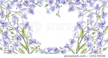 A rectangular frame of blue forest wildflowers and leaves. This hand-drawn watercolor illustration is perfect for cards, textiles, weddings, nature websites, and eco-themed designs. 139178506