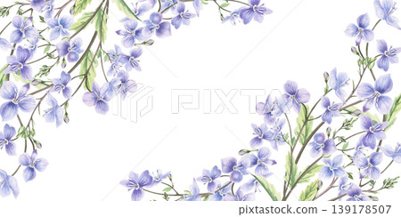 A rectangular frame of blue forest flowers and leaves. This hand-drawn watercolor illustration is perfect for cards, textiles, weddings, nature websites, and eco-themed designs. A rectangular frame of blue forest flowers and leaves. This hand-drawn watercolor illustration is perfect for cards, textiles, weddings, nature websites, and eco-themed designs. 139178507
