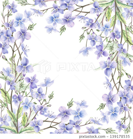 A square frame of wild, delicate forget-me-nots. This hand-drawn watercolor illustration is perfect for cards, textiles, weddings, nature websites, and eco-themed designs. A square frame of wild, delicate forget-me-nots. This hand-drawn watercolor illustration is perfect for cards, textiles, weddings, nature websites, and eco-themed designs. 139178535