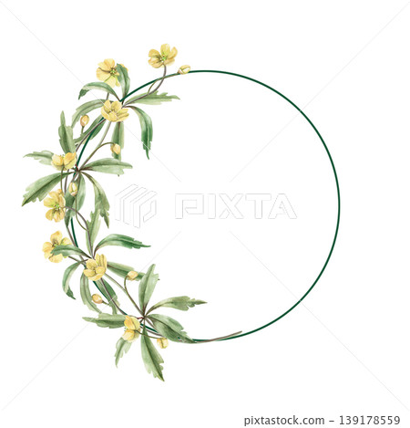 A round wreath of spring forest yellow flowers. This hand-drawn watercolor illustration is perfect for greeting cards, textiles, weddings, nature websites, and eco-themed designs. A round wreath of spring forest yellow flowers. This hand-drawn watercolor illustration is perfect for greeting cards, textiles, weddings, nature websites, and eco-themed designs. 139178559