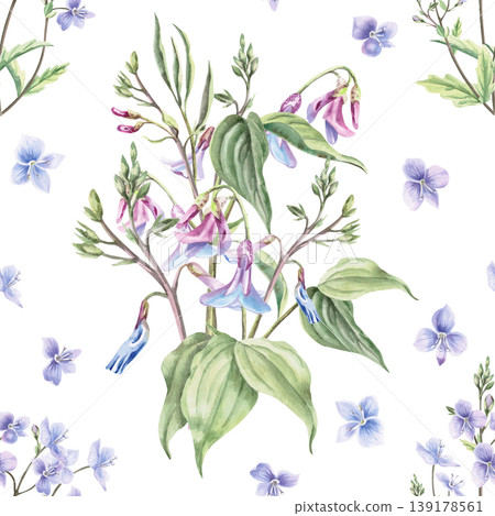 A seamless pattern with bouquets of spring forest flowers. This hand-drawn watercolor illustration is perfect for cards, textiles, weddings, nature websites, and eco-themed designs. A seamless pattern with bouquets of spring forest flowers. This hand-drawn watercolor illustration is perfect for cards, textiles, weddings, nature websites, and eco-themed designs. 139178561