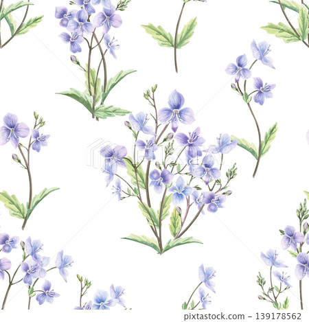 A seamless pattern with bouquets of wild forget-me-not flowers. This hand-drawn watercolor illustration is perfect for designs for cards, textiles, weddings, nature websites, and eco-themed designs. 139178562