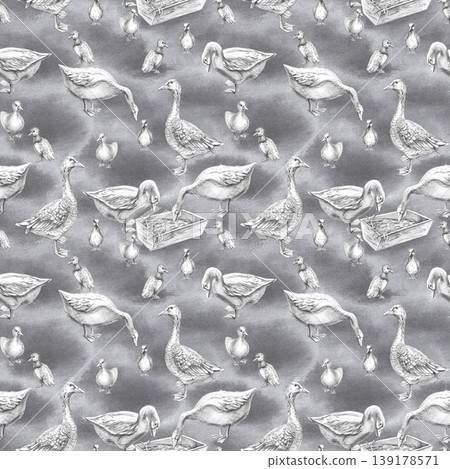 A seamless pattern with pencil-drawn geese and goslings on a gray background. This isolated illustration is suitable for livestock, agriculture, poultry, and menu design. 139178571