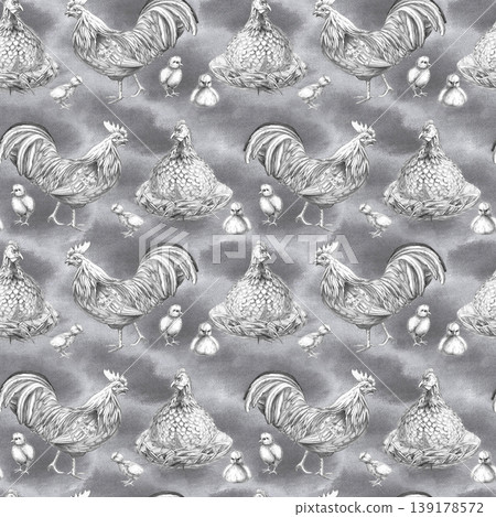 A seamless pencil pattern featuring a hen, chicks, and a rooster on a gray background. This illustration is suitable for livestock, agriculture, poultry, menu, and restaurant designs. A seamless pencil pattern featuring a hen, chicks, and a rooster on a gray background. This illustration is suitable for livestock, agriculture, poultry, menu, and restaurant designs. 139178572