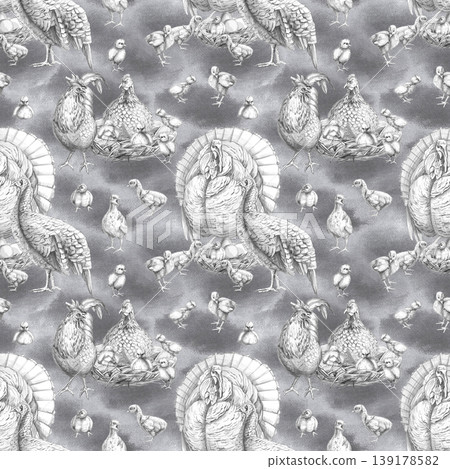 A seamless pattern on a gray background with a family of inuks and chickens. Pencil illustration for design in the fields of animal husbandry, farming, agriculture, poultry farming, and restaurants. A seamless pattern on a gray background with a family of inuks and chickens. Pencil illustration for design in the fields of animal husbandry, farming, agriculture, poultry farming, and restaurants. 139178582
