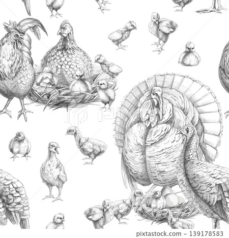 A seamless pattern featuring a family of turkeys and chickens. This pencil illustration is perfect for interior design, restaurants, and labels related to livestock, agriculture, and poultry farming. A seamless pattern featuring a family of turkeys and chickens. This pencil illustration is perfect for interior design, restaurants, and labels related to livestock, agriculture, and poultry farming. 139178583